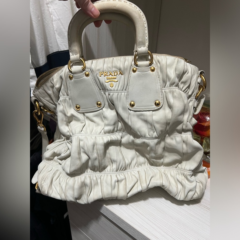 Prada Gaufre Gathered Nappa Leather Large Tote Handbag In White Color